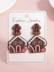 1 Pair Of Christmas Pendant Earrings, Fun And Cute Playful Design Party Earrings, New Year Earrings - Gingerbread House - View 5