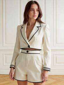 Women's Elegant Lapel Short Blazer Jacket And Shorts Set, Decorated With Contrast Trim And Button Details White Spring Fall - White - View 1
