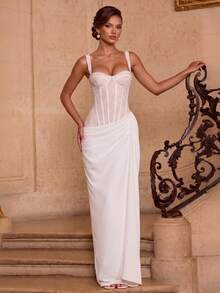 Elegant Strapless Lace Bodycon Long Party Evening Dress - White - View 1