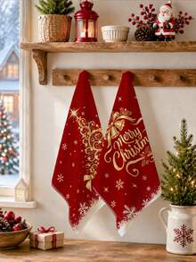 2pcs Christmas Minimalist Red & Gold Christmas Tree Pattern Kitchen Towels, Soft Polyester Dish Cloths, Suitable For Kitchen Decor, Kitchen Cleaning, Holiday Party Decoration, Kitchen & Bathroom Supplies, Home Essentials, Home Decor, Housewarming Gift - Multicolor - View 5