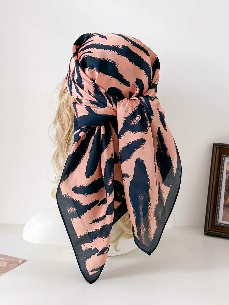 1 Pc New Fashionable Design Retro Zebra Print Women's Imitation Silk Scarf Hair Versatile Square Bandana Sunscreen Shawl Daily Vacation Decor Ribbon. - Brown - View 1