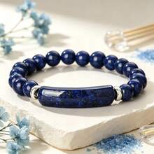 Long Curved Tube Lapis Lazuli Silver Spacer Natural Stone Elastic Cord Bracelet Vintage Daily Versatile Crystal Bangle Business Unisex Gift Accessory - Multicolor - View 5