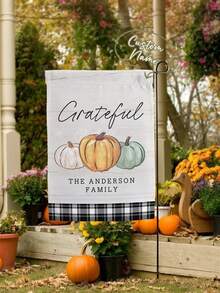 1PC Customizable Family Name Autumn Thanksgiving Garden Flag, Watercolor Pumpkin Black & White Plaid Patchwork Illustration Wall Decor, Linen Double-Sided Yard Decorative Flag, Harvest Thanksgiving Outdoor Yard Balcony Home Decor Hanging Flag (Flag Pole Not Included) - Multicolor - View 1