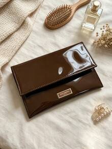 Yves Saint Laurent YSL Dark Brown Patent Leather Cosmetic Bag, Snap Button Flap Makeup Pouch With Metal Logo Plate, Multi‑Functional Beauty Storage Pouch, Ideal For Personal Use Or As A Beauty Gift - Rust Brown - View 2