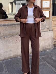 Spring/Autumn Solid Color Long Sleeve Petal Sleeve Shirt Set, Fashionable Minimalist Comfortable Skin-Friendly Essential For Home, Travel And Shopping - Brown - View 2