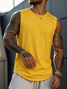 Men's Round Neck Sleeveless Letter Print Casual Tank Top, Everyday Wear - Yellow - View 1