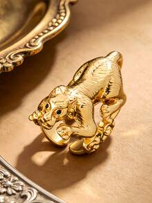 Letingsha 2pcs Vintage Textured Gold Leopard Open Cuff Bracelet & Adjustable Ring Jewelry Set, Exaggerated Wild Animal Party Outfit Accessories, Halloween Holiday Gift For Her - Gold - View 9
