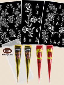 7PCS (2 Black + 2 Red Henna Paste + 3 Templates) Combo Set Henna Nail Art Tattoo Cream With Storage Box, Semi-Permanent Plant-Based Tattoo Ink For Hands And Body - Multicolor - View 3