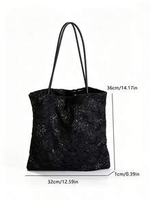 Korean Style Shiny Black Lace Niche Design INS Style Large Capacity Tote Bag For Commuting, Outing, Daily Shopping, Shoulder Slouchy Handbag - Black - View 8