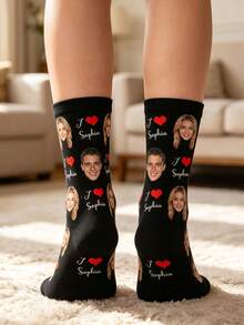 Custom Face Socks, Personalized Photo Print Crew Socks, Red Heart Pattern, Customized Gift For Boyfriend Valentine's Day Present - Black - View 2