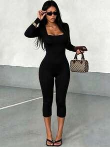 AiTyi Women's Y2K Square Neck Long Sleeve Capri Bodycon Jumpsuit, Tight Stretch Shaping Romper For Daily,Slim Fit,Versatile,Fall/Winter,Halloween - Black - View 11