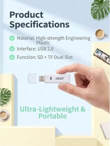 Acer Pembaca Kartu USB 2-in-1 T3-USB2.0, Casing ABS Putih, Konverter OTG Kartu Memori TF/SD, Pembaca Kartu Komputer Kecepatan Tinggi 528-USB2.0 - View 4