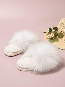 1 Pair Girls' Sweet Fuzzy Slippers, Autumn/Winter Home Warm Cute Soft Sole Anti-Slip Winter Children's House Slippers - White - View 2