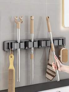 1pc Multifunctional Wall-Mounted Broom & Mop Holder, Silver Gray Rust-Proof Self-Adhesive Tool Organizer With Hooks, Suitable For Laundry Room, Garage, Kitchen, Christmas & Thanksgiving Home Cleaning Gift - Multicolor - View 7