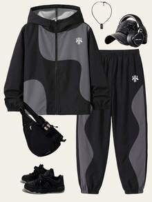 Boys' 2 Pieces Set Autumn/Winter Wave Color Block Print Hooded Jacket And Jogger Pants, 8-12 Years Old Outfit - Black - View 4