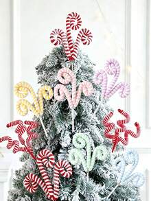 1/2pcs Red White Macaron Christmas Tree Picks Pastel Candy Cane Christmas Tree Curly Picks Stick Large Lollipop Branches Stick Christmas Tree Topper Decorations Wedding Home Vase Holiday Party Ornaments - View 2