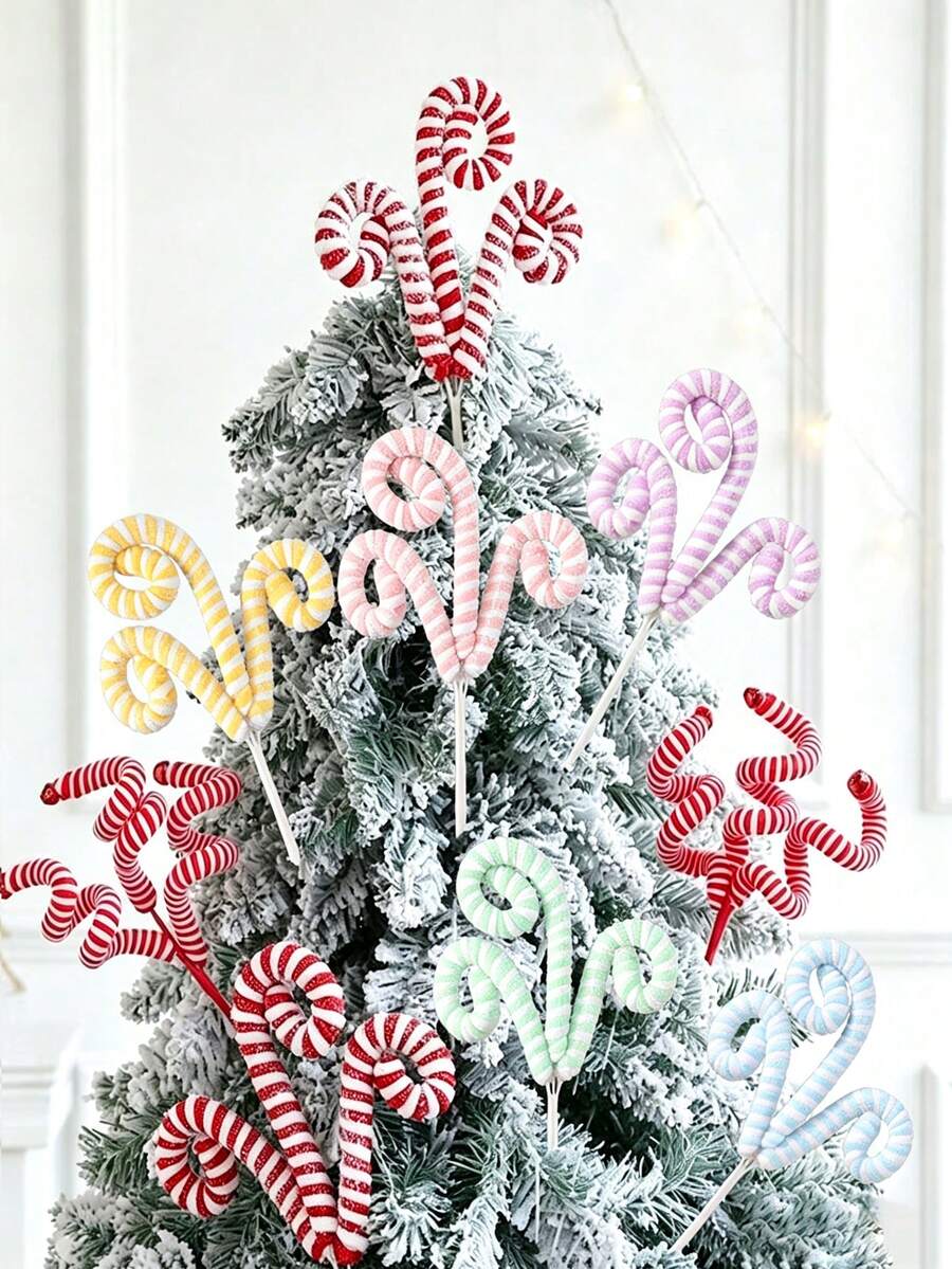 1/2pcs Red White Macaron Christmas Tree Picks Pastel Candy Cane Christmas Tree Curly Picks Stick Large Lollipop Branches Stick Christmas Tree Topper Decorations Wedding Home Vase Holiday Party Ornaments