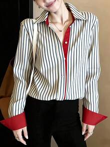 Women's Retro Colorblock Striped Polo Collar Long Sleeve Shirt, Spring New Fashion Design Loose Casual Top - White - View 2