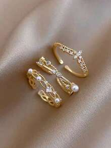 6pcs Minimalist Fashion Cubic Zirconia Faux Pearl Leaf Copper Alloy Open Rings Suitable For Women's Daily Wear And Gatherings (Gift Box Not Included) - Yellow Gold - View 6