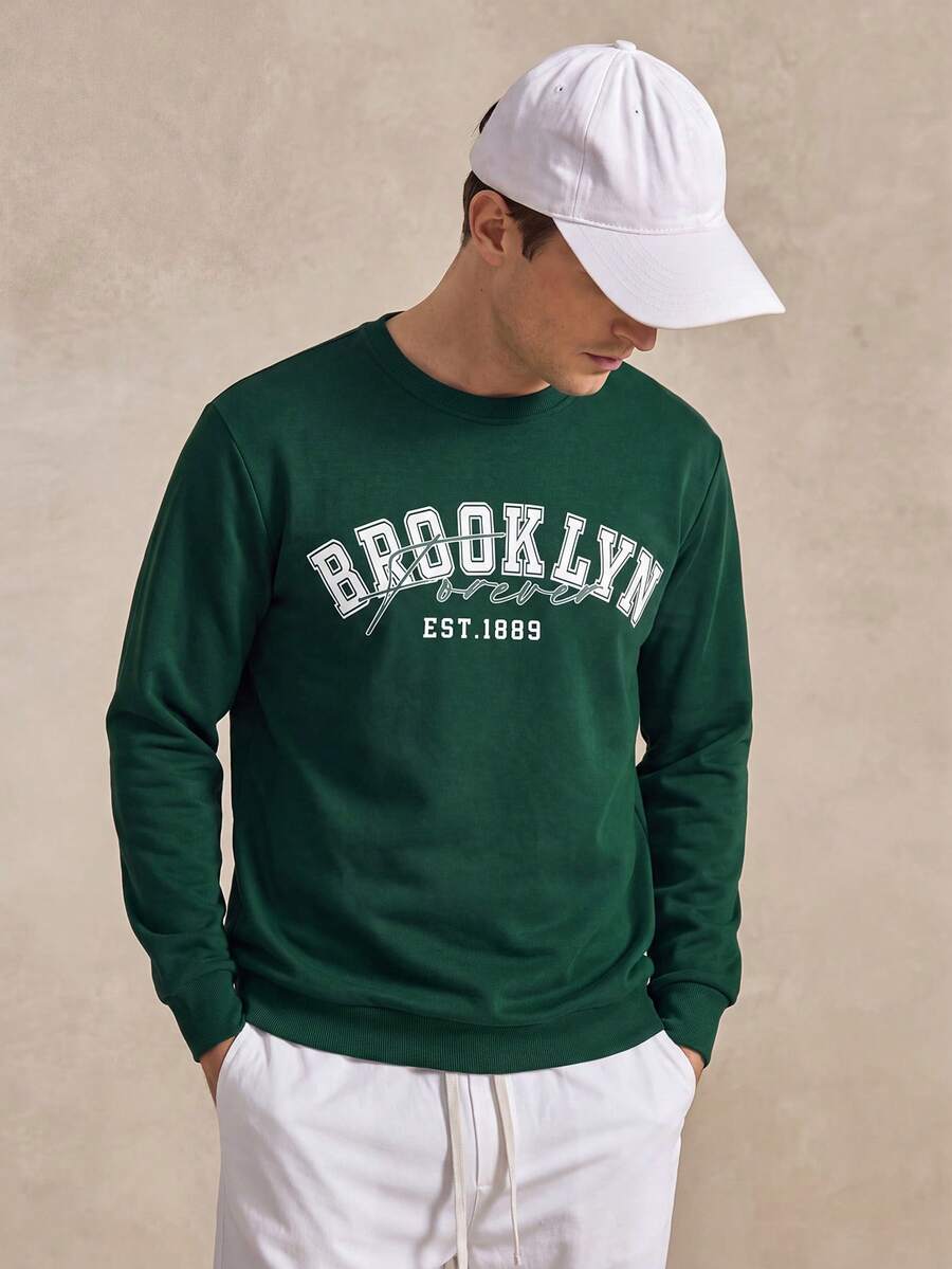Courvante Tennis Men's Letter Printed Crew-Neck Sweatshirt, For Fall Winter, Long Sleeve Top - Dark Green - View 1