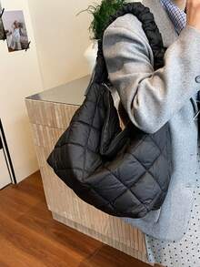 1pc Vintage Rhombus Padded Nylon Hobo Bag, Gathered Shoulder Strap Drawstring Detail Large Casual Daily Shoulder Handbag For Ladies - Multicolor - View 12