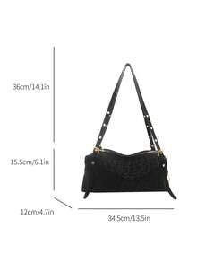 Women's Vintage Leopard Print Tote Bag, Adjustable Shoulder Strap Handbag, Zipper Closure Faux Suede Crossbody Bag, Suitable For Daily Street Wear - Black - View 7