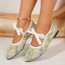Spring/Autumn Pointed Toe Low-Top White Satin Bow Mesh Flat Ballet Shoes For Women, Comfortable And Versatile, Suitable For Commuting, Dating, Office - Sprout Green - View 4