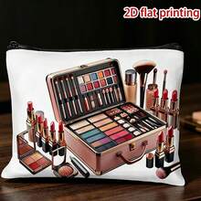 A Standalone Makeup Bag With Flat 2D Design, White Base And Exquisite Pattern Including Images Of Makeup Brushes, Lipstick And Eyeshadow Palette. Equipped With Zipper Closure, Ideal For Travel Cosmetic Storage, Excellent - Multicolor - View 6