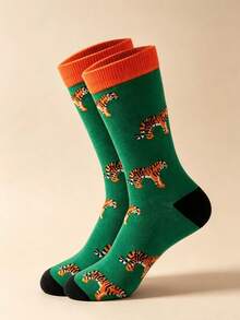 1/5 Pairs Cartoon Wild Animal Series Mid-Calf Socks, Contrast Color Ribbed Cuff, Comfortable Casual Long Socks, Suitable For Autumn/Winter Wear, Unique Niche Design, Thanksgiving Christmas Gift, Unisex Versatile Fashion Accessory - Multicolor - View 6