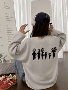 Women's Fashion Autumn/Winter Loose Versatile Letter Cartoon Print Long Sleeve T-Shirt Casual - Light Gray - View 2