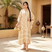 Intricate Embroidered Arabic Women's Dress 2026 Summer Autumn Apricot Elegant Saudi National Day Dress, JALABIYA Tassel V-Neck, Casual Travel Outfit - Apricot - View 3