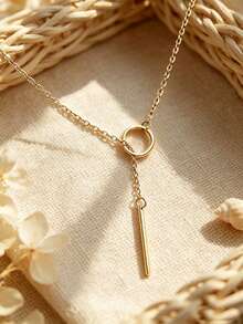 YUNCHUN 1pc Minimalist Elegant Gold Stainless Steel Circular Vertical Bar Y-Shaped Tassel Necklace, Versatile Accessory For Daily Commute And Holidays - Gold - View 1