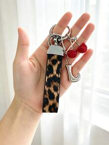 26 Alphabet Car Keychains, Silver Letter Zinc Alloy Accessories, Leopard Print Cherry Pendant, PU Rope Car Lock Key Fob, Car Remote Control Hanging Decoration, Bag Decoration Pendant, Car Key Ring, Key Chain Key Accessories. Holiday Gift, - Letter - View 37