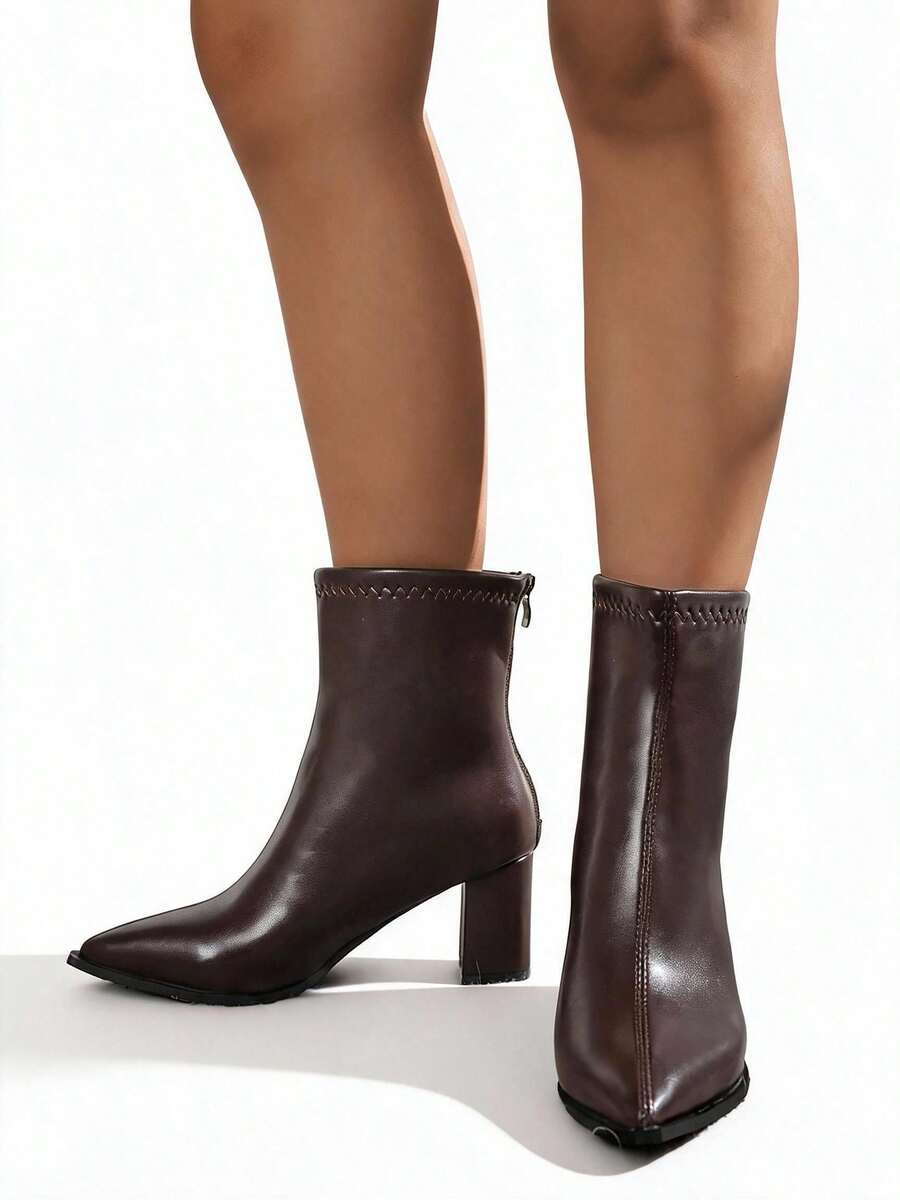 Clariva Pointed Toe Ankle Boots For Women 2026 Autumn/Winter New Style Boots Thick Heel High Heel Boots - Brown - View 1