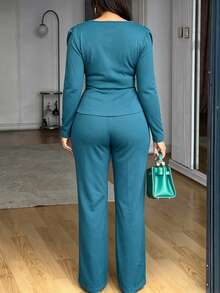 Women's 2 Pieces Set For Autumn/Winter, Long Sleeve Drape Cold Shoulder Top With Wide Leg Pants, Elegant Casual Outfit - Peacock Blue - View 2