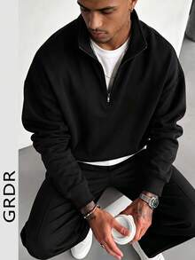 GRDR Men's Solid Color Long Sleeve Zip-Up Pullover Pullover Sweatshirt, Autumn/Winter - Black - View 1