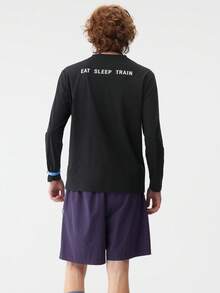 veidoorn Men's Solid Color Long-Sleeve Top With Letter Print,Simple Casual Sports T-Shirt, Daily Top - Black - View 8