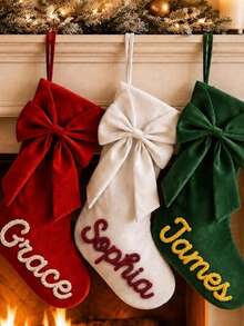1pc Customized Velvet Christmas Stocking With Bow, Personalized Embroidered Sock, Suitable For Family Holiday Fireplace Decoration, Christmas Gift For Her - Multicolor - View 5