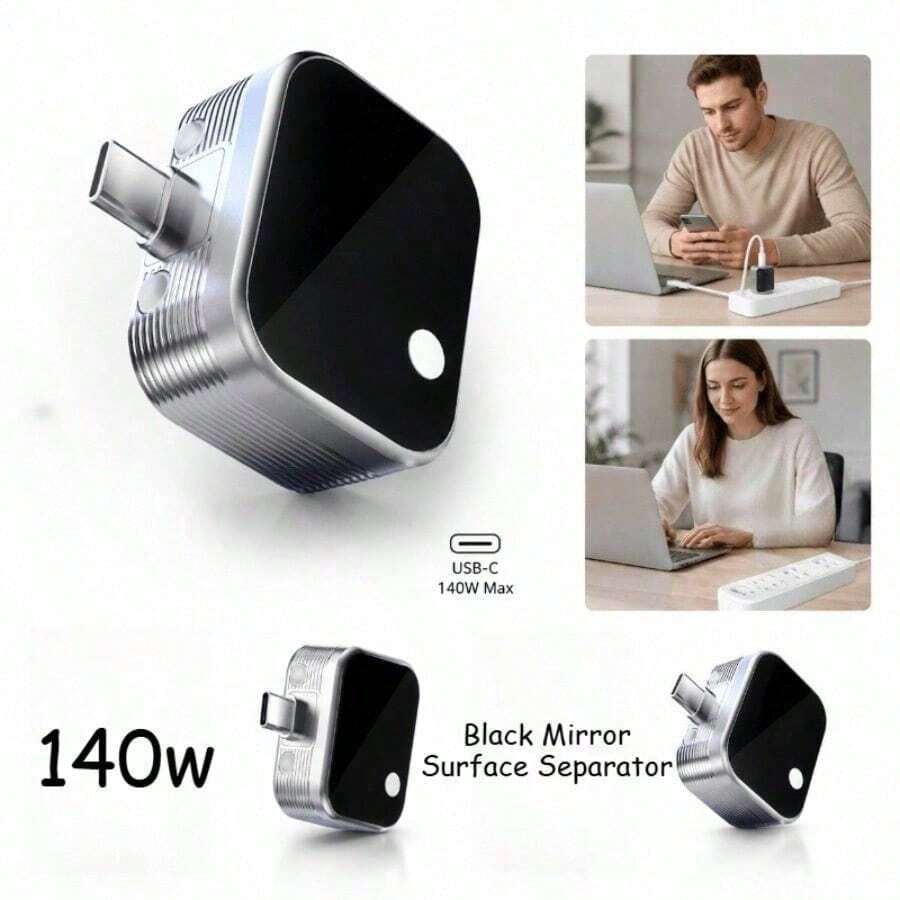 Silver Separator Black Mirror Separator 140W Type-C Smart Charging Separator, Automatic Power Cutoff When Fully Charged, Suitable For Phone And Laptop Power Controller