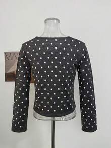 Women's Black Polka Dot V-Neck Tie-Front Knit Top, Short Slim Fit Flattering Blouse, Spring/Autumn Outerwear Layer - Black - View 8