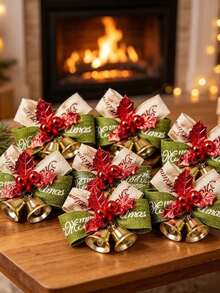 10/20pcs Christmas Gift Bow Decorations With Bells, Red & Green Color, Suitable For Christmas Tree, Wreath, Garland, Gift Box, Door Decor And Home Decoration - Multicolor - View 5