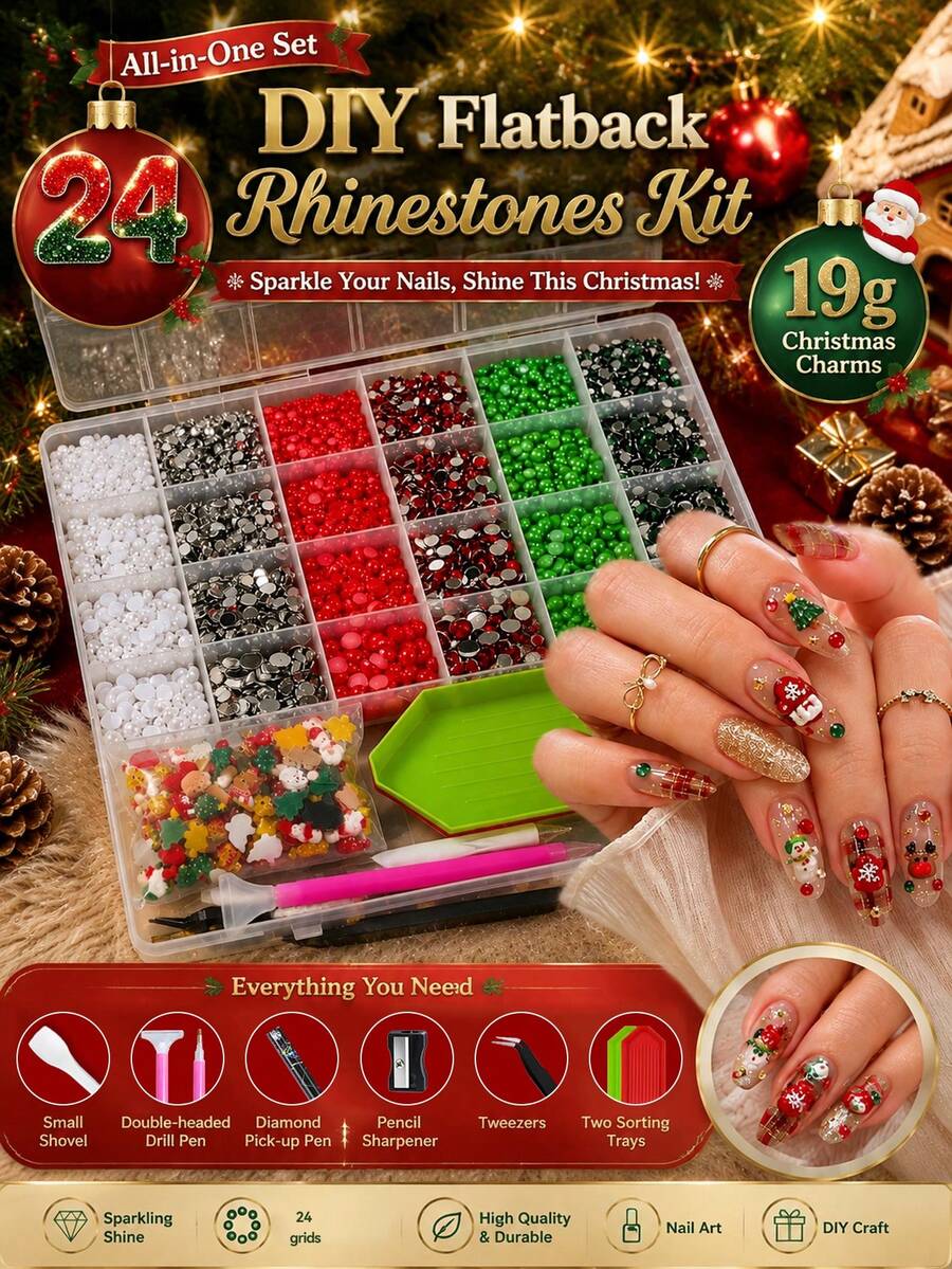 24 Grids Christmas Nail Art Kit Xmas Resin Charms Colorful Flatback Rhinestones With DIY Tools Manicure Decor Set - Multicolor - View 1