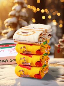 4 Pairs Colorful Pizza Mid-Calf Socks, Novelty Fun Socks Gift Box, Autumn/Winter 2026 New Creative Socks Fashion Style, Comfortable Breathable Suitable For Friends, New Year's Eve/Day Of The Dead/Party Gathering Casual Novelty Gift, Suitable For Valentine's Day/Halloween/Birthday/Christmas/New Year/Thanksgiving And Other Holiday Gifts, Unisex, Autumn/Winter Style Wearable All Seasons, Cute Fun Whimsical Unique Design Socks - Multicolor - View 5