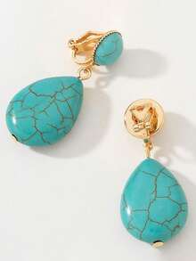 1Pair Fashionable Oval Turquoise Ear Clips, Geometric Personalized Clip On Earrings For Women No Pierced Ears - Turquoise - View 19