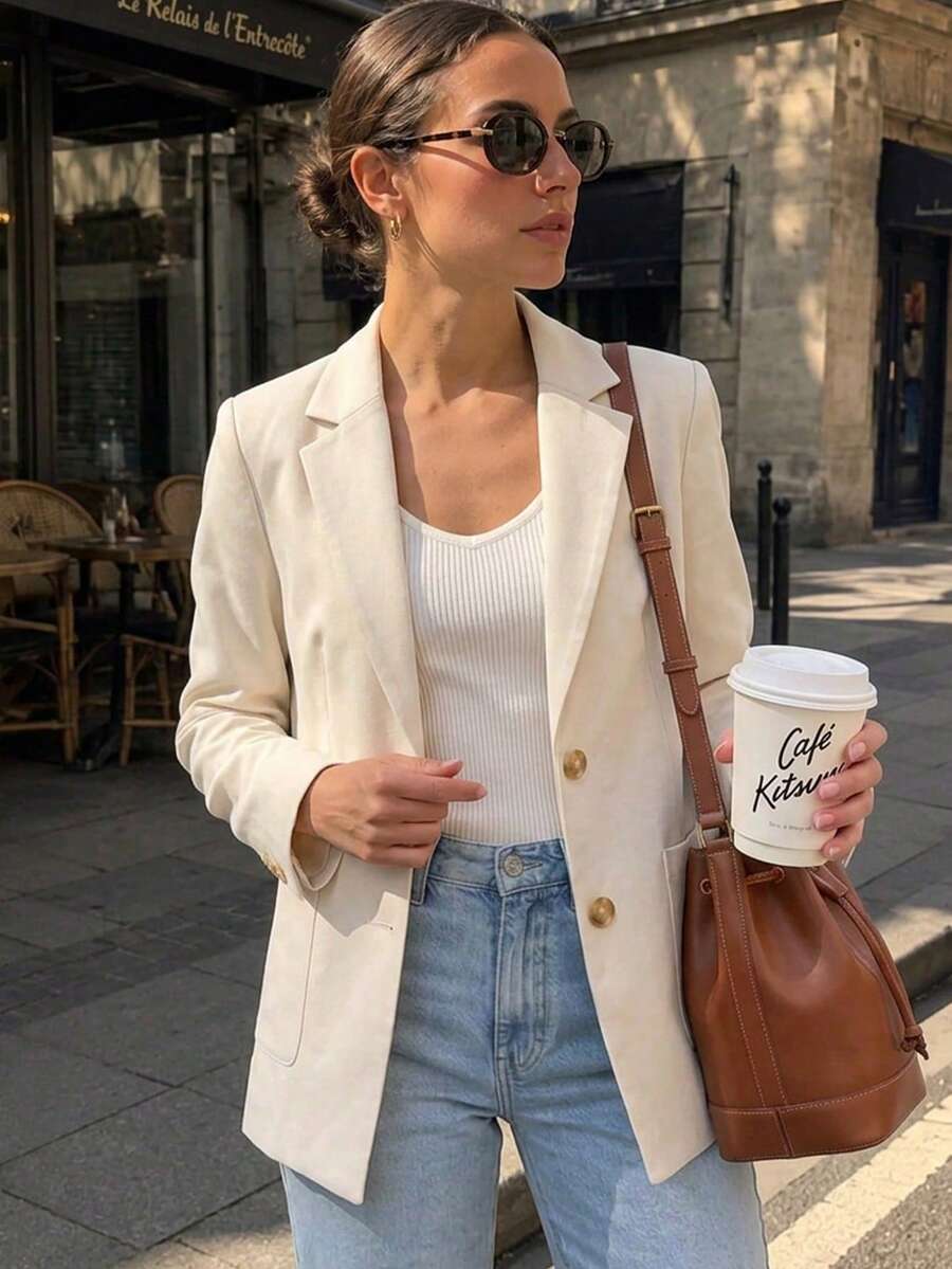 French Style Beige Loose Casual Blazer, Classic Lapel Two-Button, Dropped Shoulder Relaxed Fit, Minimalist Solid Color, Versatile For Any Inner Layer, Suitable For Commuting And Travel, Spring And Autumn All-Match Elegant Women's Blazer Jacket