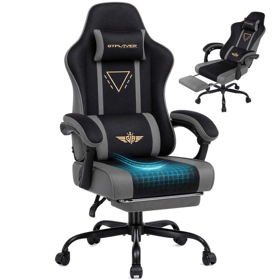 Fabric Gaming Chair With Footrest, Ergonomic Computer Desk Chair With Pocket Spring Cushion Home Office High Back Lumbar Support Heavy Duty Wide - Grey - View 1