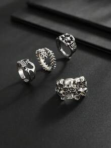 4pcs Vintage Gothic Multi-Style Men's Ring Set, Halloween Dark Punk Skull Mask Metal Finger Rings, Autumn/Winter Street Party Stackable Jewelry Gift Accessory - White K - View 6