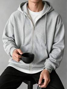 Men's Full Zip Hoodie Sweatshirt, Loose Fit Basic Casual Hooded Sweatshirt Jacket, Autumn/Winter - Light Grey - View 4