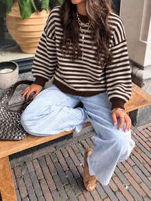 Women's Autumn/Winter Valentine's Day Cute Casual Brown & White Colorblock Striped Pattern Loose Crew Neck Long Sleeve Sweater, Basic Sweater, Business Casual Women's Wear, Autumn Tops, Autumn Sweaters, Women's Winter Clothing, Women's Autumn/Winter Apparel - Multicolor - View 5