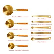 Bộ 9 món cốc và thìa đong cao cấp bằng thép không gỉ màu vàng, cốc đong thép không gỉ cán gỗ, thìa đong kim loại, dụng cụ đo lường thép không gỉ cho nguyên liệu khô và lỏng, dùng để nấu ăn và làm bánh, dụng cụ đo lường làm bánh nhà bếp - Vàng - Xem 8
